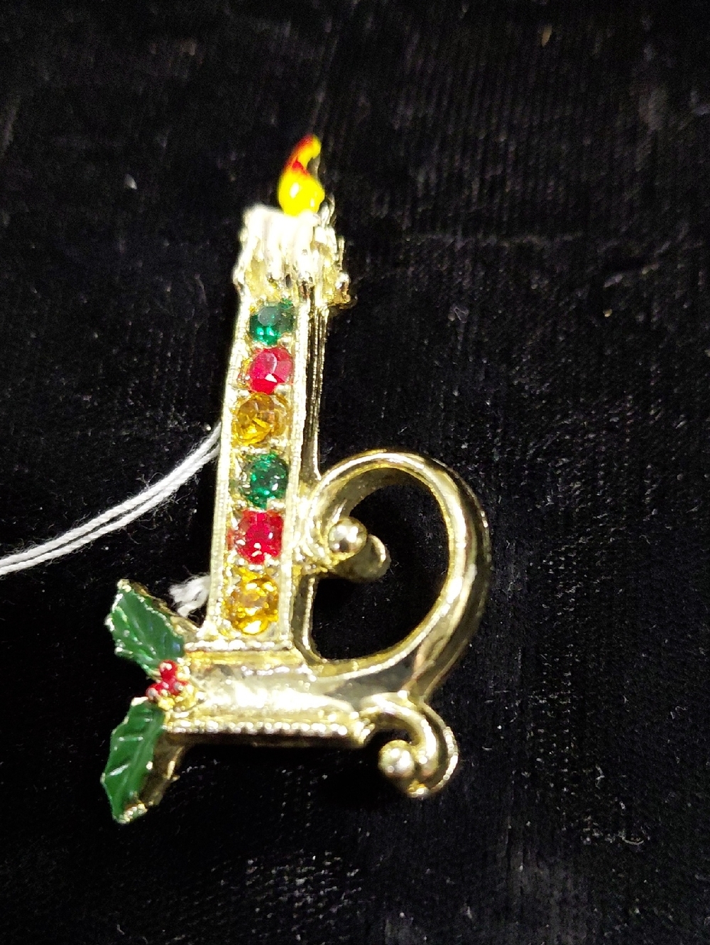 Gold Tone Holiday Candle Brooch with Red, Green & Yellow Rhinestones